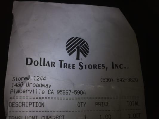 Dollar Tree Store in Placerville Receipt.