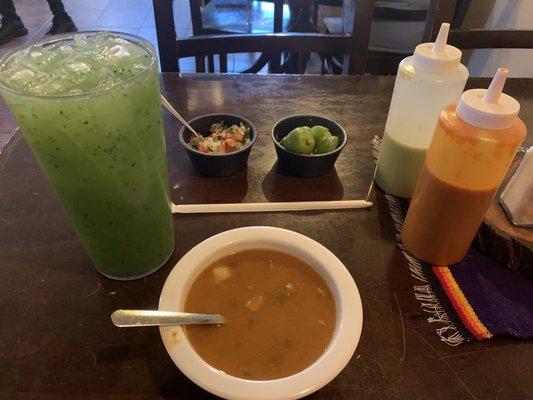 First come is the charro beans and the aguas frescas, my choice was Cucumber, it was awesome.