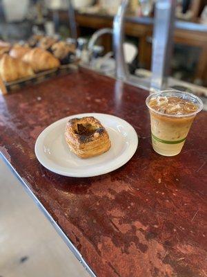 Shallot Assiago Croissant with Iced Latte