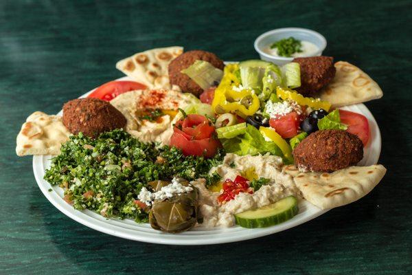 Mona Pita offers tasty Mediterranean Platters, including Vegetarian, Beef Kabob, Chicken Kabob, Lamb Gyro, Shawarma and Mixed Grill Platter.