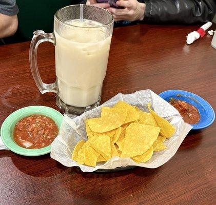 Bottomless chips still warm and fresh, and a large horchata