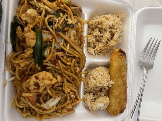 Chicken Lo Mein w fried rice (I requested spicy)  This I was the lunch portion...PLENTIFUL  Also came w a soup but I ate it lol