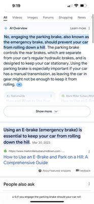 ebrake should prevent my car from rolling backwards down a hill