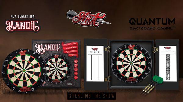 Shot Bandit Steel Tip Dartboard and Quantum Cabinet Package.