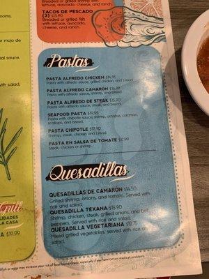 Menu: pasta & Quesadillas