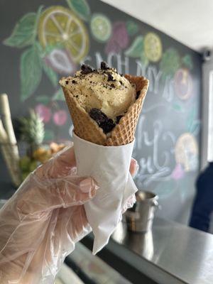 Vanilla ice cream in Fresh Waffle Cone topped with Oreos