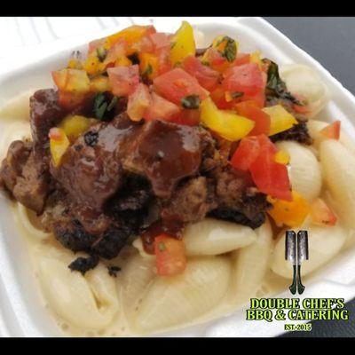 White Cheddar, White Truffle Shells & Cheese  Loaded With Brisket & Sweet Pepper Bruschetta