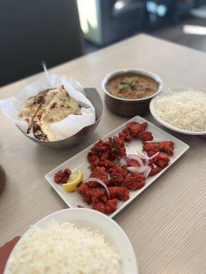 Garlic Naan,  Chicken 65, Chicken curry