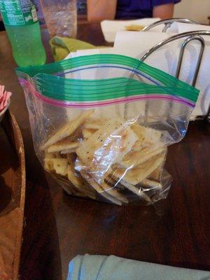 Bag of seasoned crackers... simple and delicious.