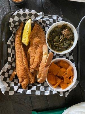 Fried catfish, collards, yams. Heaven