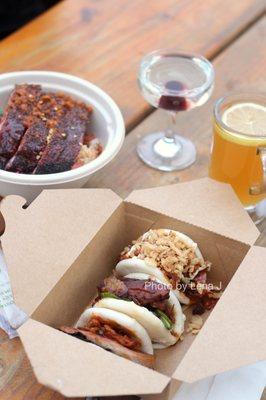 Cocktails ($8 and $11), bao from Bao Boys ($14), and rice bowl from Ricewood ($16)