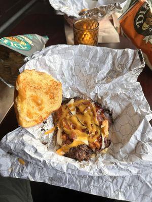 Bacon cheeseburger with homemade BBQ/Mustard sauce! One of the best burgers I've ever had