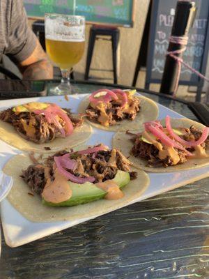 Short rib tacos OMG amazing flavor with pickled onions, chipotle sauce and avocado on corn tortillas. Excellent!!!