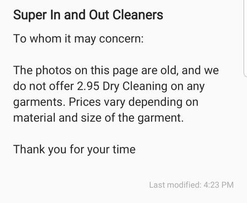 2.95 Dry Cleaning is not offered anymore