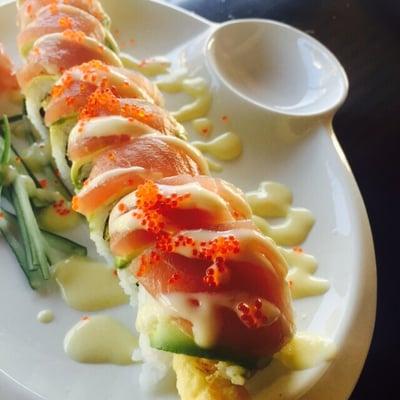 Specialty Roll...Chef Pat's own creation with our favorite ingredients, shrimp tempura, avocado, tuna and mango!