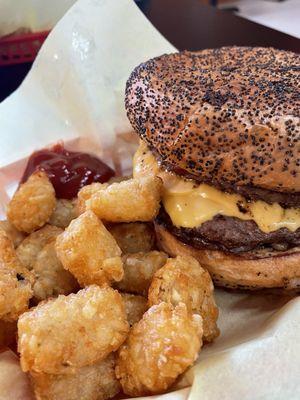 Yummy Chill burger with tater tots.