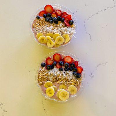 You can turn ANY of our Smoothie Blends into a Delicious Protein Power bowl topped with fresh fruit and granola