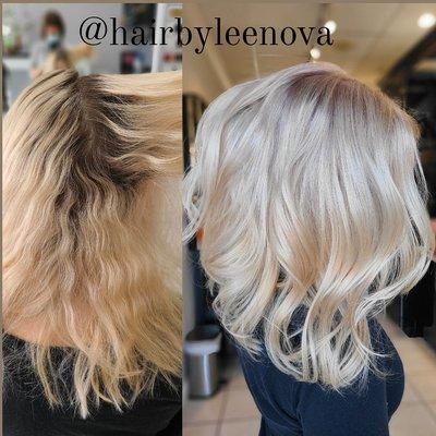 Bleach out blonding with root shadow.