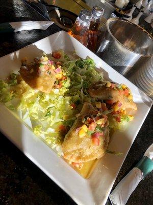 Empanadas with mango salsa. They came out as 1 chicken and 2 beef. The beef were awesome.