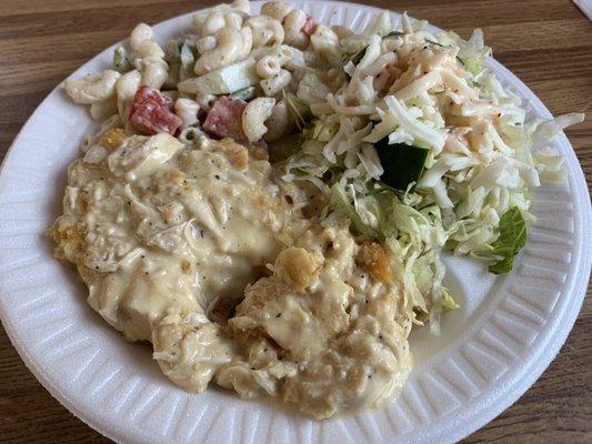 Chicken casserole (good), Mac salad (not much taste), salad with house dressing (very good)