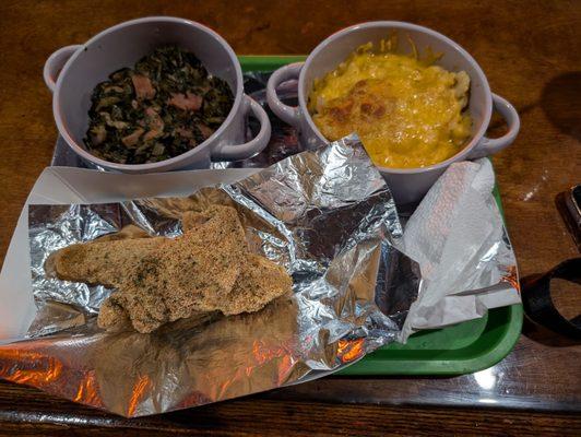 Catfish, Mac and cheese, with collard greens