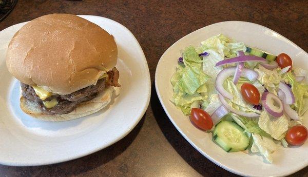 Double Bacon Cheese Steakburger w/ side salad.