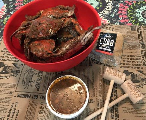 Hard shell crabs, newsprint, mallets, crab soup and seasoning.