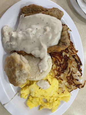 Country fried steak w/scrambled eggs and hasbrowns