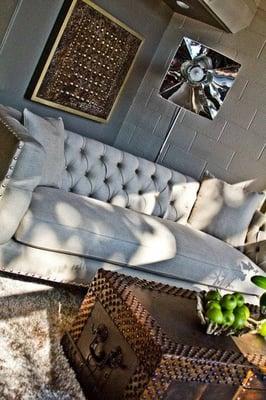 Napa Brownstone Sofa with Local Artist Trey Reed and Tripod Lamp