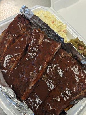 Ribs, potato salad and bacon green beans