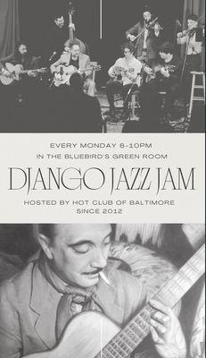 A promotional poster of the Django jazz on Mondays