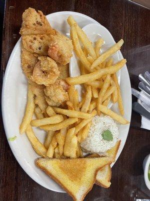 Fish and shrimp with extra fries no salad