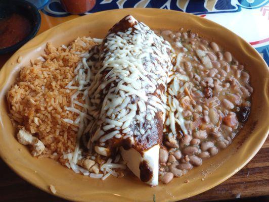 Pablano (mole) Burrito with rice and beans.