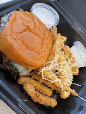 Delicious Salmon Burger and Zucchini Fries