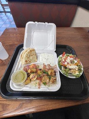 Chicken Kabob Platter with side Greek Salad and Cucumber Sauce