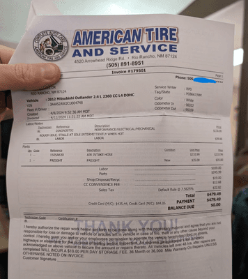 American Tire and Service Receipt