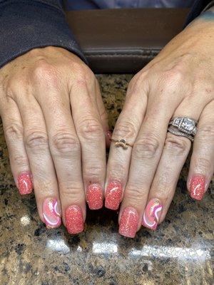 Dip powder watermelon sparkle hand painted swirl.