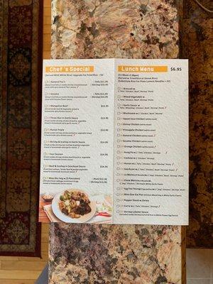 Chef's Specialty items and Lunch Menu