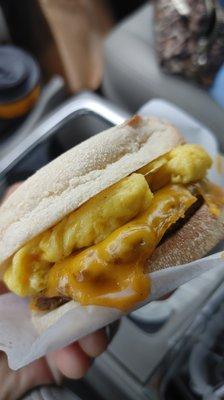 Super yummy breakfast sandwich ("sausage" / "egg" / cheese on McMuffin type bread - but a million times better than any McMuffin!!!!)