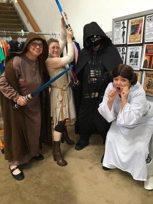 In May, our Raid Our Closet sale offers everything  (including the back "closet" merchandise) at 60% off. Yes, we're Star Wars characters!!