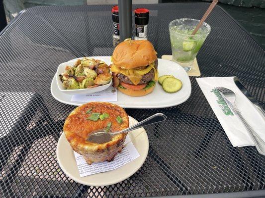 French Onion Gratin, The Kid Burger, Brussels Sprouts, and a Spicy Margarita