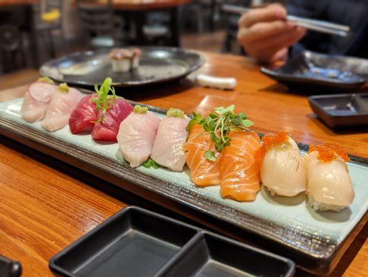 Nigiri - Yellowtail, Tuna, Yellowtail, Salmon, Scallop