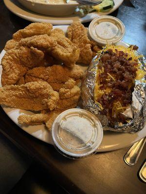 Fried Catfish Dinner with dinner salad and baked potato