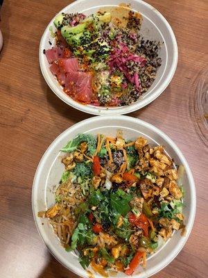 Top: Tuna Poke Fire Warm Rice Bowl Bottom: Large BYO Bowl - Spicy Thai Chicken Warm Rice Bowl