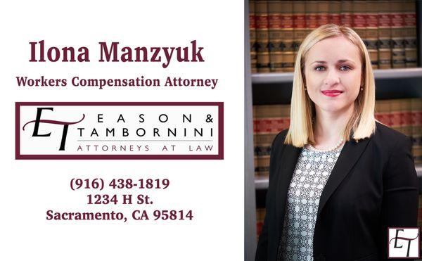 Sacramento Workers Compensation Attorney Ilona Manzyuk can help you today! Get a FREE consultation at (916) 438-1819 or Ilona@capcitylaw.com