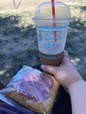 Latte w/ chocolate & a warm berry pop tart that looks so pretty!!!