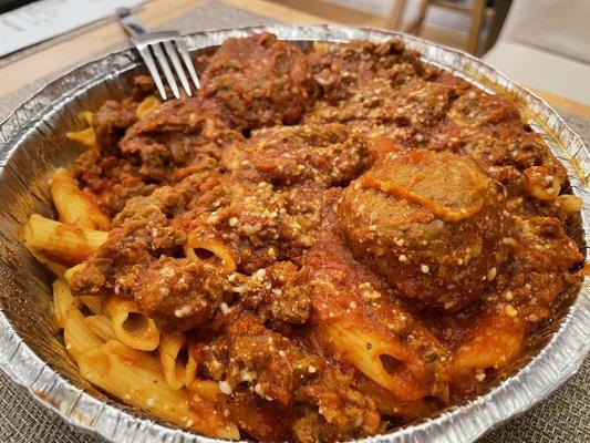 Ziti Pasta Dinner with Meat Sauce and meatballs unfortunately the pasta was way over cooked. It was mushy and starchy