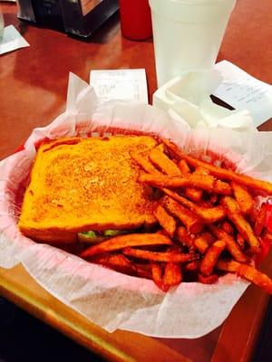 Amazing grilled veggie sandwich on tomato bread with great sweet potato fries