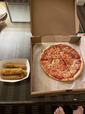 Small Cheese Pizza and Mozzarella Sticks