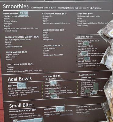 Menu of smoothies, açaí bowls and small bites